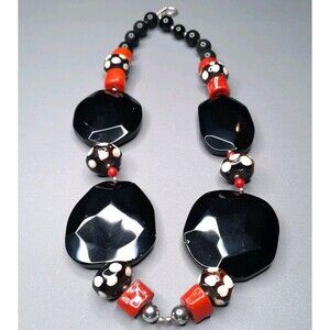 Chunky Onyx Black and Coral Red Big Bold Classy Statement Necklace